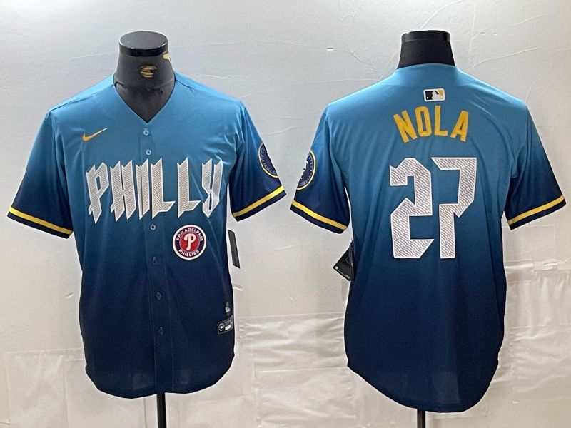 Men Philadelphia Phillies 27 Nola Blue City Edition Nike 2024 MLB Jersey style 4